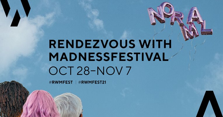 A promo image for the 2021 Rendezvous with Madness Festival featuring the backs of heads looking at pink balloons that spell "normal" floating in the air