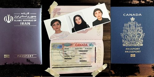 Iranian and Canadian passports with three passport photos of Elahe at centre top. The middle photo shows her with head wrapped in a headscarf.