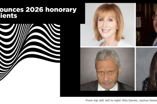 Composite portrait featuring the four 2026 OCAD University honorary degree recipients arranged in a two-by-two grid. Top row: Rita Davies and Joshua Greer. Bottom row: Ash K. Prakash and Tanya Talaga. Each recipient is shown in a professional head-and-shoulders photograph against a neutral background.
