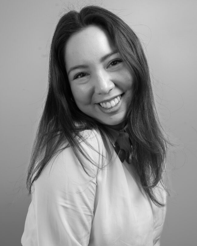 A black and white photo of Sarah Ammendolia