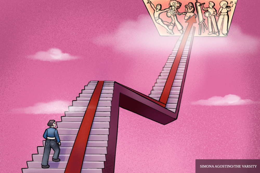 A person climbs stairs lined with a red carpet shaped like an arrow into a pink sky with artists performing.