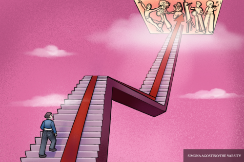 A person climbs stairs lined with a red carpet shaped like an arrow into a pink sky with artists performing.